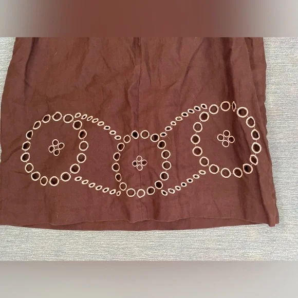 SAAC MIZRAH Brown Eyelet Linen Knee length Dress Size 10 - Picture 8 of 16